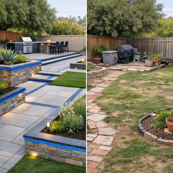Side-by-side comparison of professional landscape services and basic DIY yard work, showing quality differences.