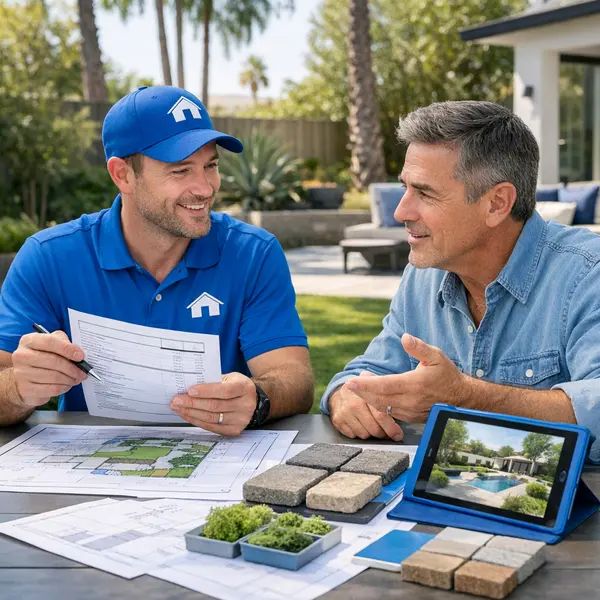 Project manager discussing a detailed landscape services plan and cost estimate with a homeowner outdoors