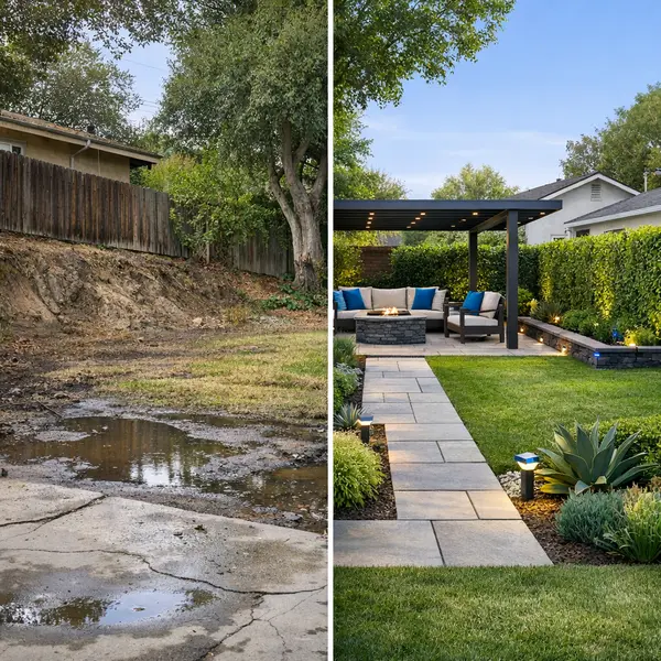 Before-and-after transformation of a backyard with landscape services, showing common issues and a finished result.