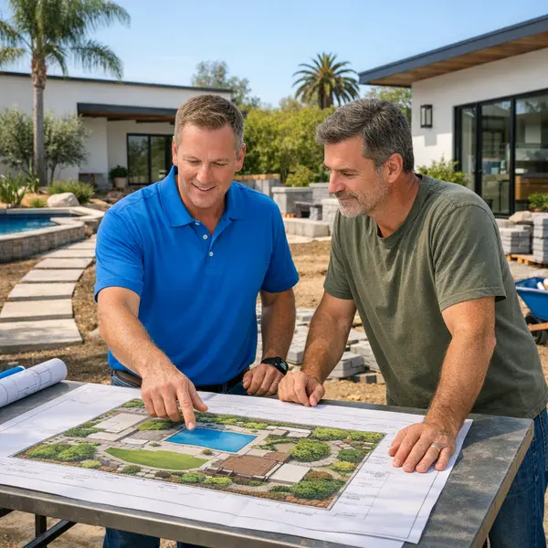Project manager and homeowner review detailed landscape services plans on site during installation.