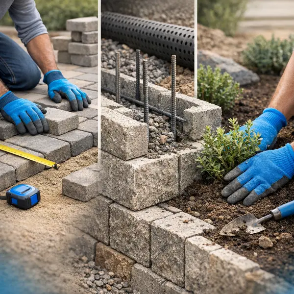 Professional landscape services team installing pavers, constructing a retaining wall, and planting at a residential property