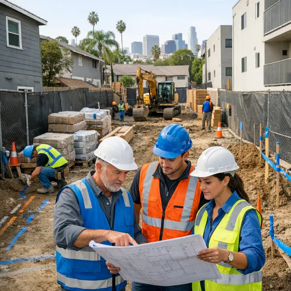 Urban construction site in Los Angeles showing New Construction in Los Angeles with tight access and active crews.
