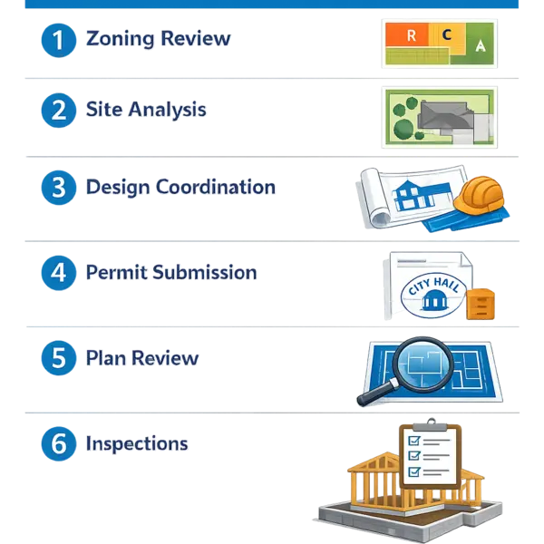 Checklist infographic showing New Construction in Los Angeles steps: zoning, site analysis, design, permits, and inspections.