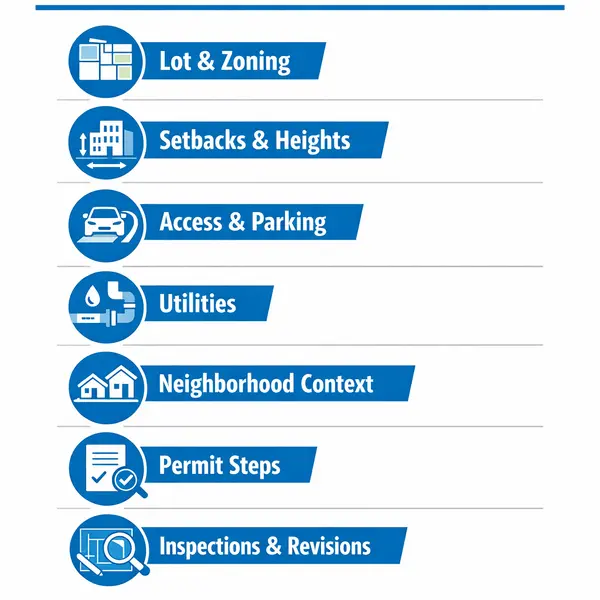 Permit and zoning checklist infographic for New Construction in Los Angeles, designed for local property owners.