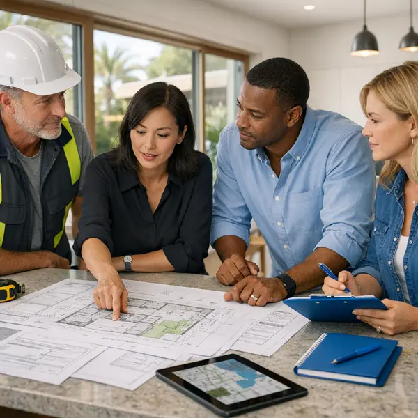 Team reviews blueprints and permits at a modern Los Angeles home for new construction planning.