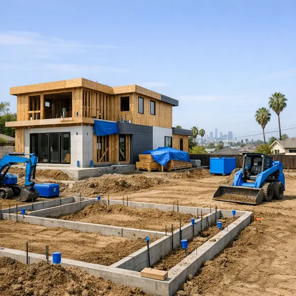 Active Los Angeles jobsite with a modern new single family home under construction, visible grading and framing details