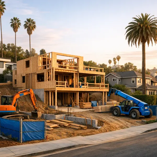 In-progress new construction in Los Angeles neighborhood showing lot access and site conditions.