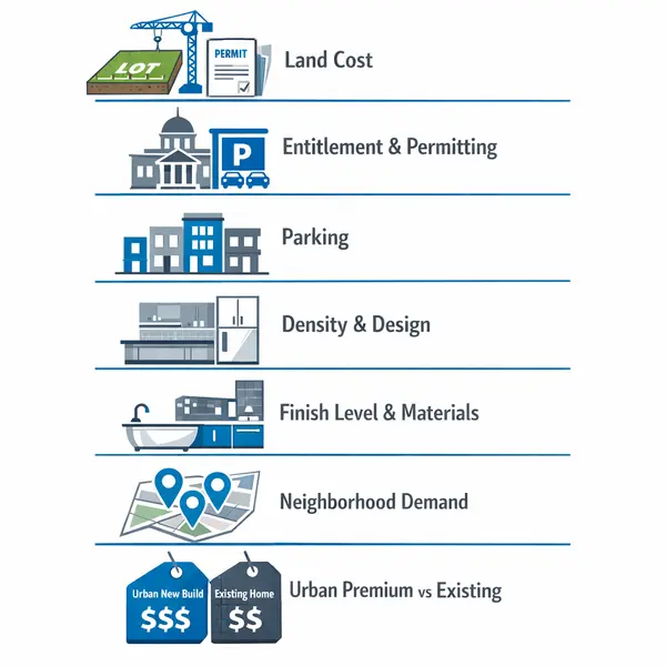 Infographic explaining new construction townhomes Los Angeles pricing factors including land, design, permits, and urban premiums.