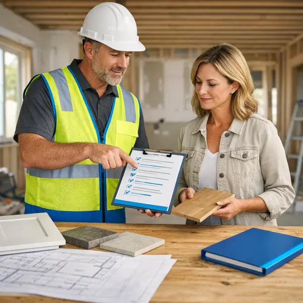 Contractor and client reviewing new construction documents, checklists, and material options together onsite