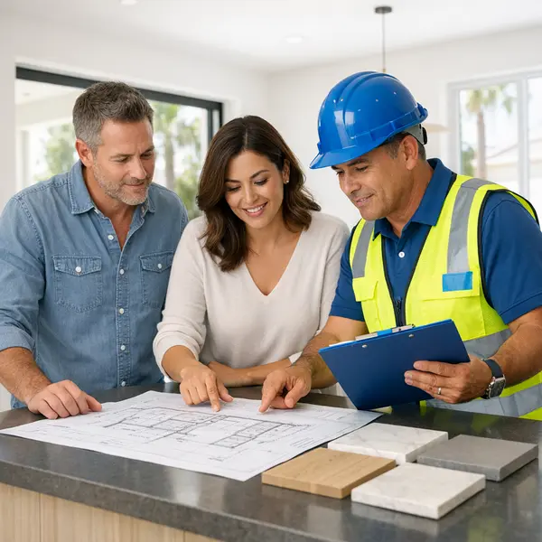 Professionals and homeowners review new construction developments near me using plans and material samples.