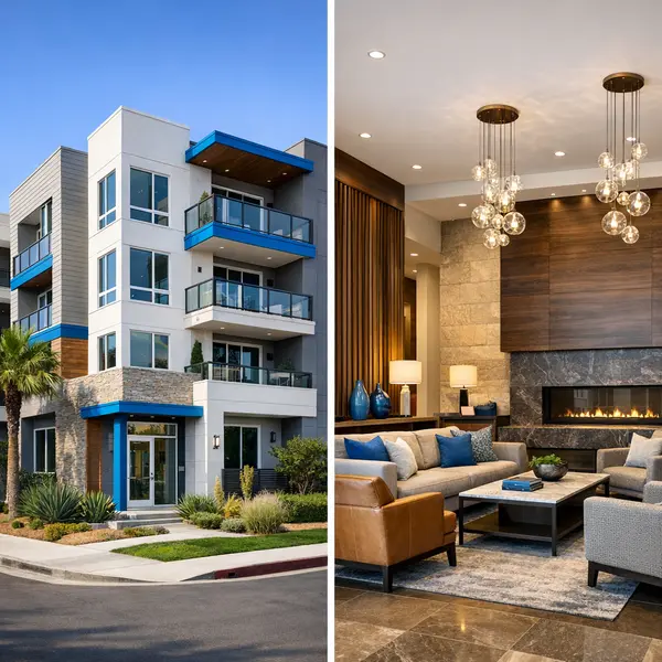 Before and after views of a Multi-Unit construction Project in Los Angeles showing exterior and interior finishes