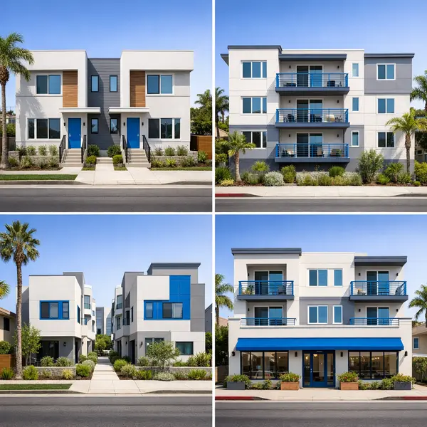 A variety of modern multi-unit construction project types in Los Angeles, including duplex, townhomes, apartments, and mixed-use buildings.