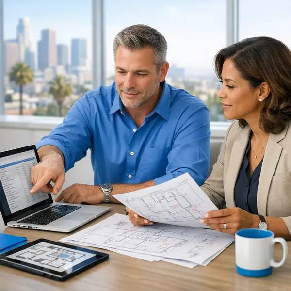 General contractor and client reviewing multi-unit construction project costs together in a Los Angeles office.