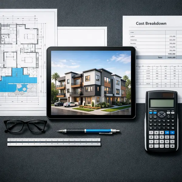 Organized construction manager desk with budget sheets for Multi-Unit construction Project planning