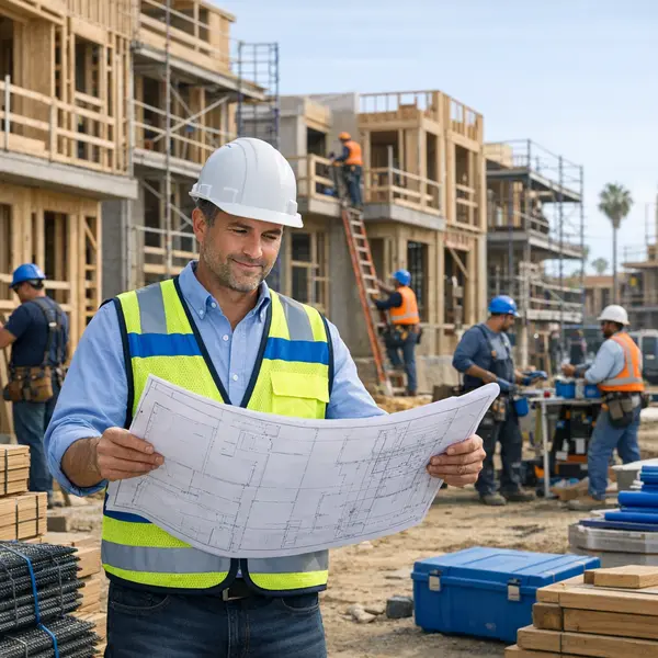 Project manager reviews plans on an active Multi-Unit construction Project site with multiple trades.