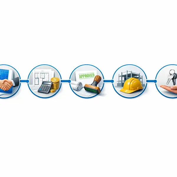 Step-by-step multi-unit construction project process graphic for Los Angeles developments, featuring five distinct stages.