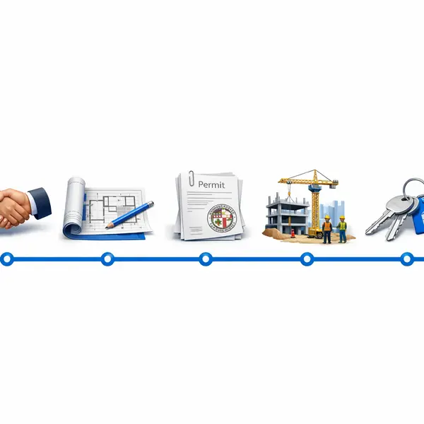 Infographic showing 5-step Multi-Unit construction Project timeline with icons for each project phase