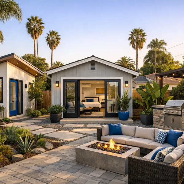 Collage showing ADU, garage conversion, and outdoor upgrades for a Multi-Unit construction Project in Los Angeles.