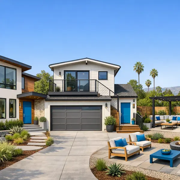 Montage of custom home, ADU over garage, and modern backyard for Multi-Unit construction Project clients