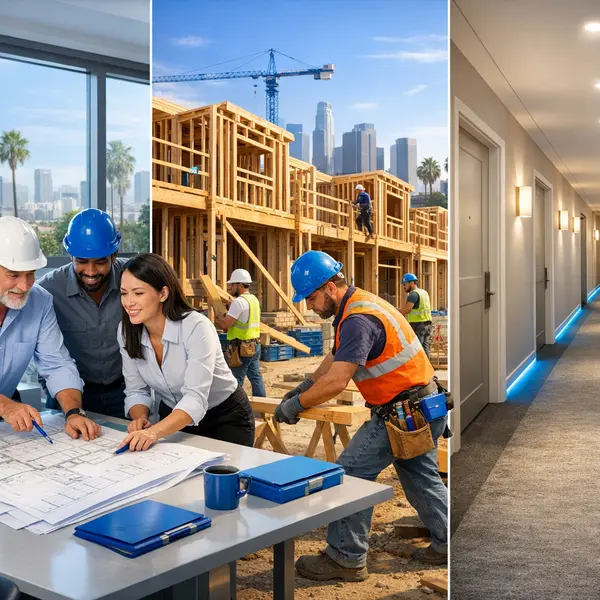 Collage showing three key stages of a Multi-Unit construction Project with blueprint planning, active framing, and finished units.