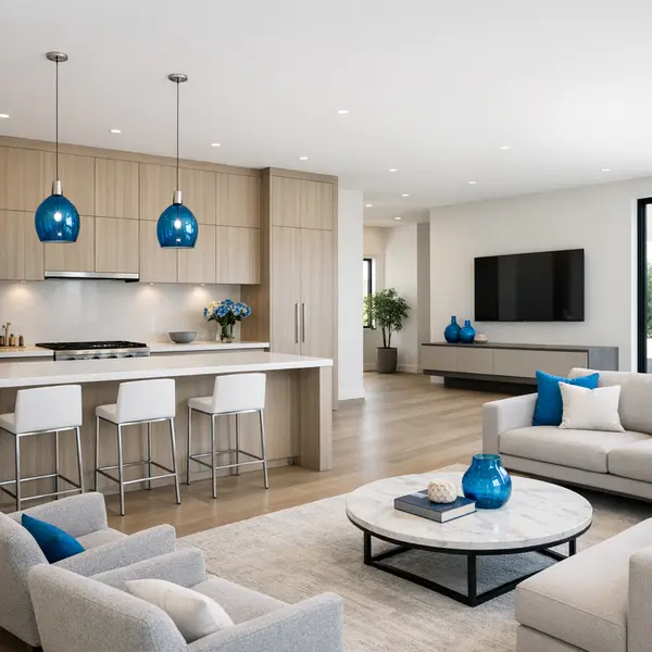 Modern new construction kitchen and living area with clean lines and natural light, highlighting quality craftsmanship.