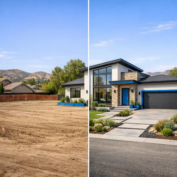 Before-and-after new construction transformation in Agoura Hills showing an empty lot and completed home