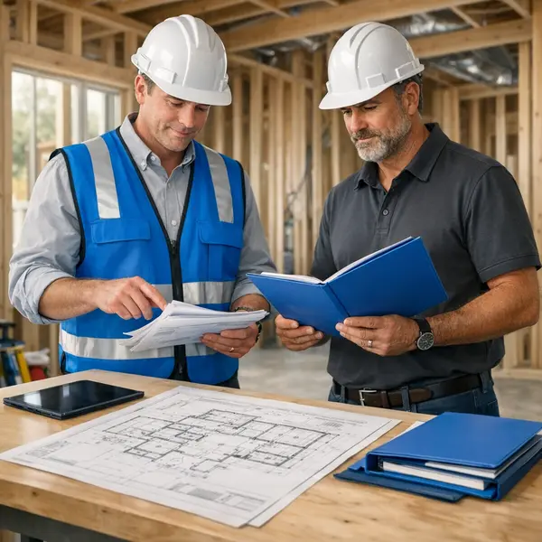 Organized new construction site featuring project plans and professionals reviewing documentation for quality management.