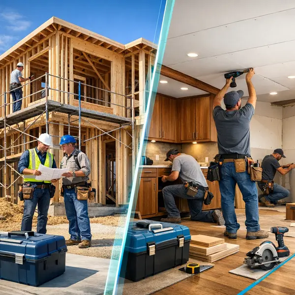 Agoura Hills new construction and remodel comparison, showing home framing and interior renovation work side by side