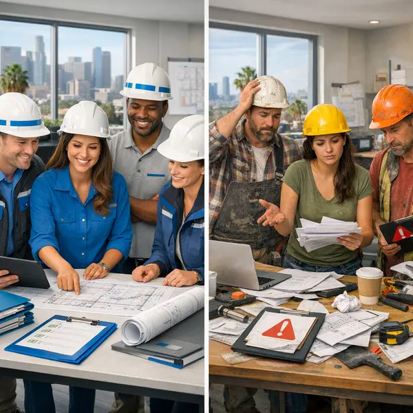 Comparison of new construction project management: structured builder with organized team and materials versus fragmented approach.
