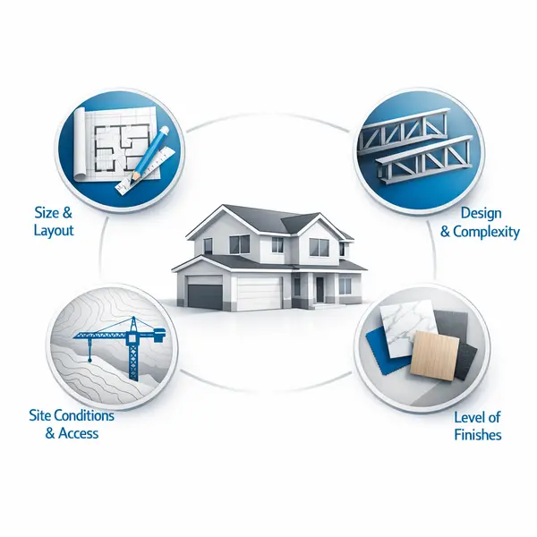 Infographic displaying new construction cost factors like size, complexity, finishes, and site conditions