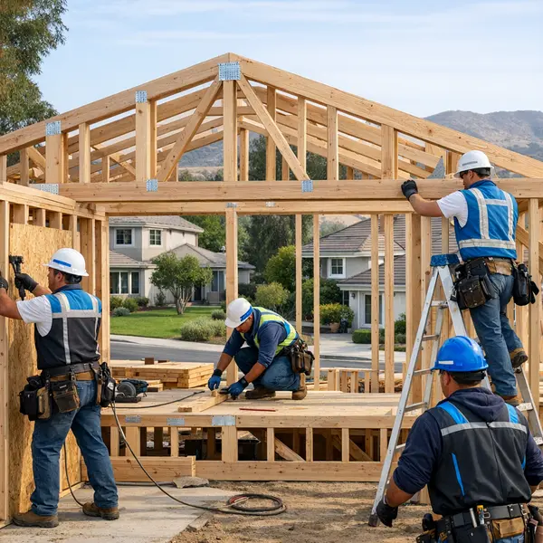 Professional crew framing a new construction home in Agoura Hills suburban neighborhood during sunny morning