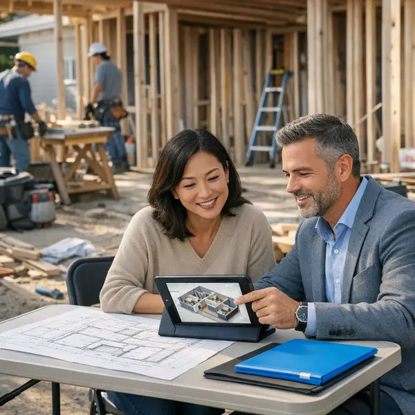 Homeowner and project manager reviewing organized new construction plans at Agoura Hills job site