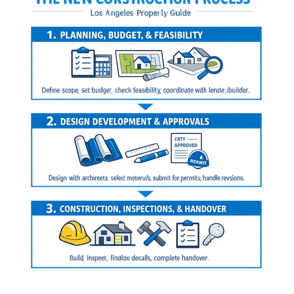 Step-by-step infographic of the new construction process showing planning, design, and building phases clearly for homeowners