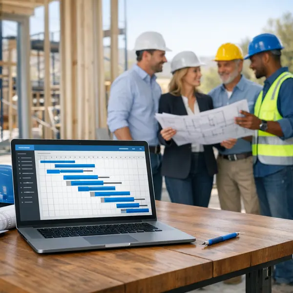 Project managers and clients review a digital new construction schedule for an Agoura Hills build
