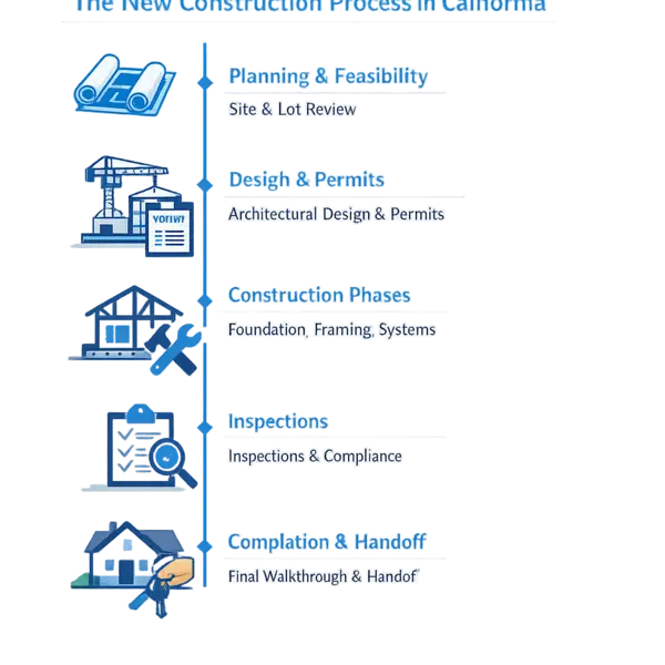Step-by-step infographic outlining the new construction homes California process for property owners
