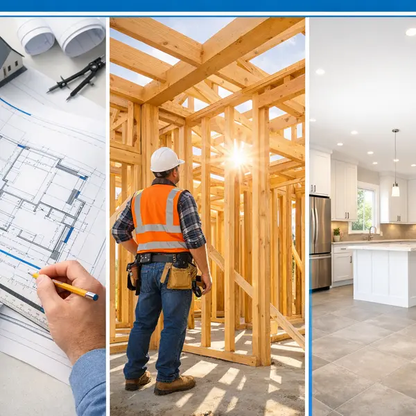 Three-phase process for new construction homes California: planning, active framing, and completed interior by Alvapareen Construction.