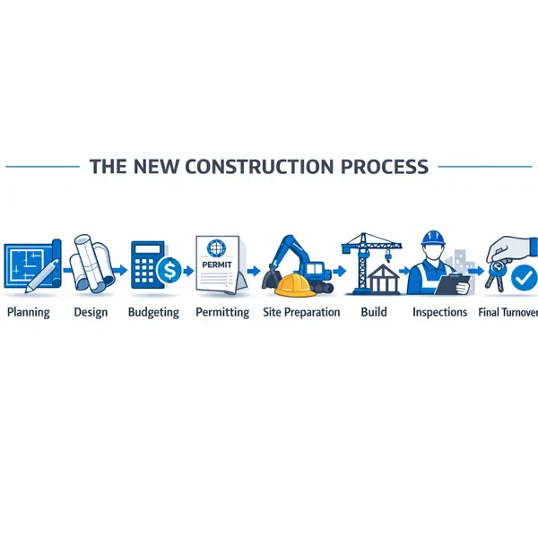 Infographic illustrating each step of the New Construction in Los Angeles process, from planning through final turnover.