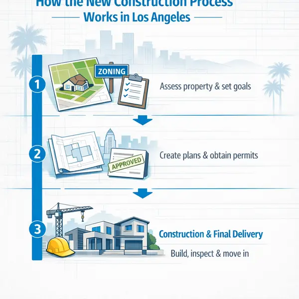 Step-by-step Los Angeles new construction process infographic from planning and permitting to delivery
