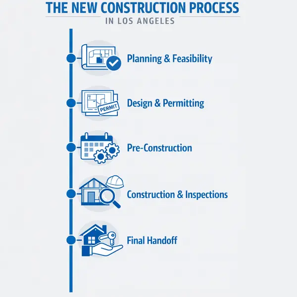 Step-by-step infographic showing New Construction in Los Angeles process phases for property owners
