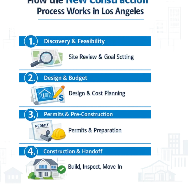 Step-by-step New Construction in Los Angeles infographic showing process from discovery through move-in.