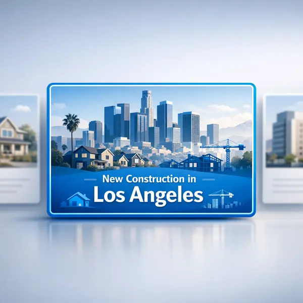 Modern card-based mockup highlighting New Construction services with Los Angeles skyline accents