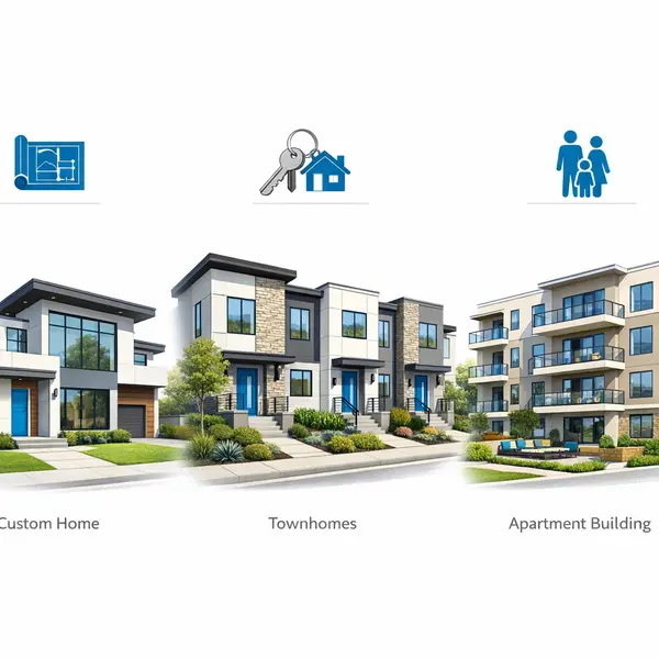 Infographic illustrating custom home, townhome, and apartment building new construction project types.
