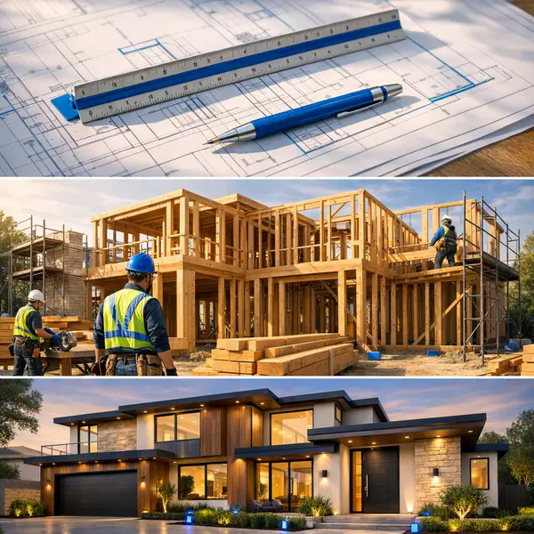 Three stages of new construction project: architectural plans, home framing, and finished luxury residence in Beverly Hills.
