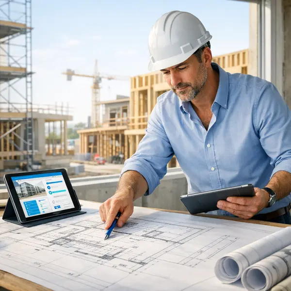 Project manager reviewing new construction blueprints and coordinating project details for a modern Agoura Hills build.