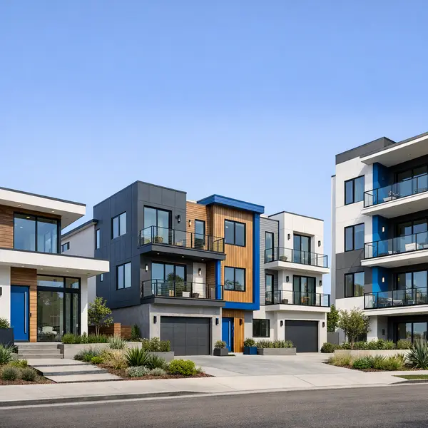 Three completed new construction projects: a custom home, attached townhomes, and a mid-sized apartment building