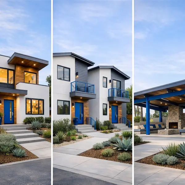 Collage showing new construction project types in Agoura Hills: single-family home, multi-unit building, and pavilion.