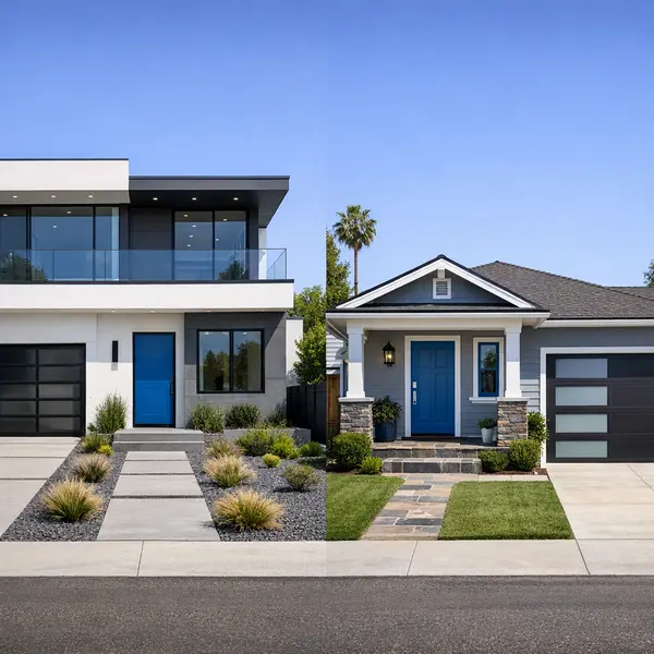 Side-by-side view of a modern new construction home and a remodeled older home in Los Angeles, highlighting premium quality from Alvapareen Construction.