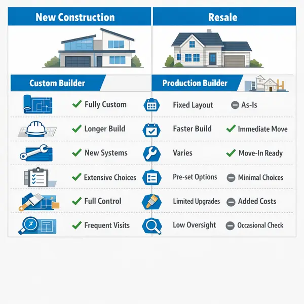 Comparison infographic of new construction versus resale and builder options for homeowners
