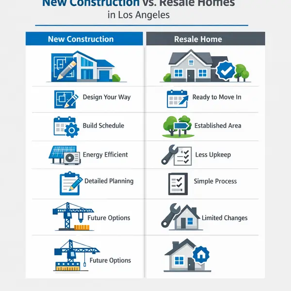 Infographic comparing new construction in Los Angeles and resale homes for property buyers