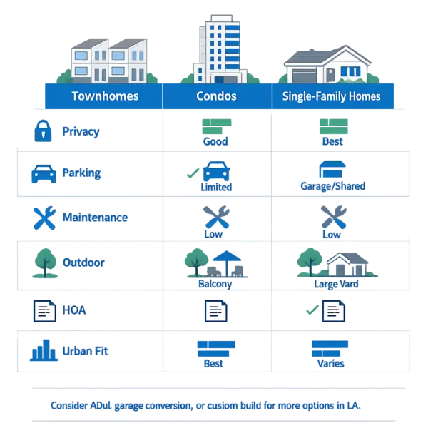 Infographic comparing new construction townhomes, condos, and single-family homes across Los Angeles features